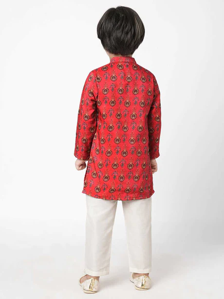 Boy Red Print Kurta with White Pyjama