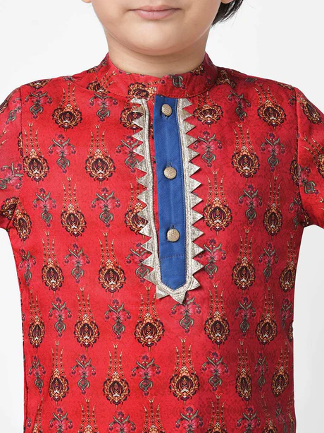 Boy Red Print Kurta with White Pyjama