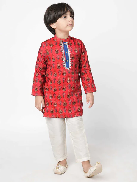 Boy Red Print Kurta with White Pyjama