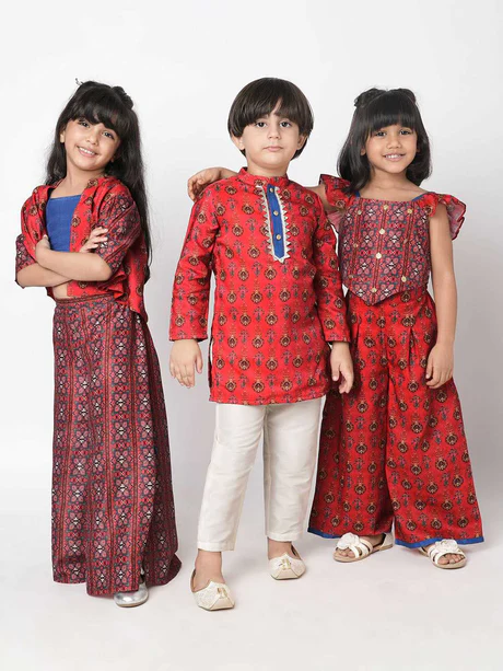 Boy Red Print Kurta with White Pyjama