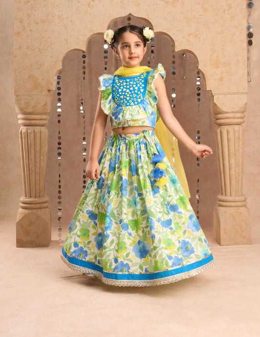 Girl Green & Blue Floral Lehanga Choli with Dupatta