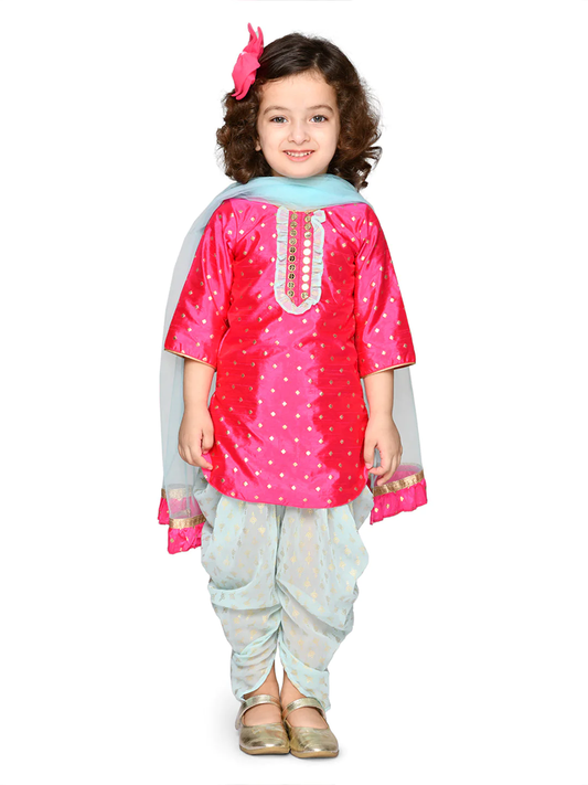 Girl - Pink Kurta with Net Dhoti &Dupatta