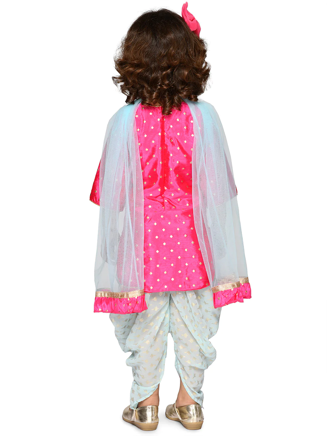 Girl - Pink Kurta with Net Dhoti &Dupatta
