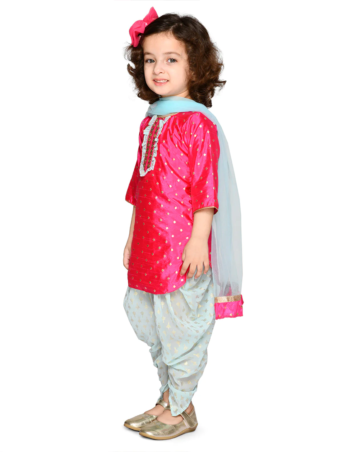 Girl - Pink Kurta with Net Dhoti &Dupatta