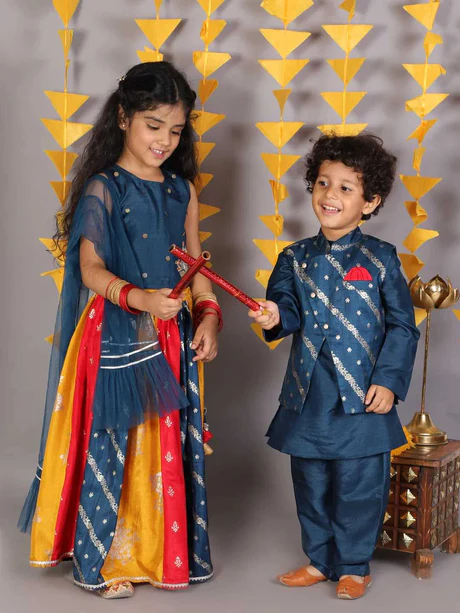 Girl  - Blue Multicolor Lehanga Raw Silk