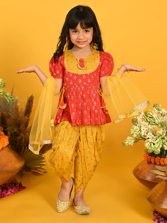 Girl - Red Cotton top with Mustard Dhoti
