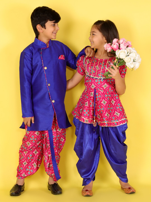 Girl - Pink & Blue Kurta with Dhoti Set