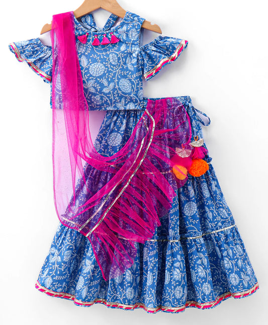 Girl - Blue Printed Cotton Lehanga Choli & Dupatta