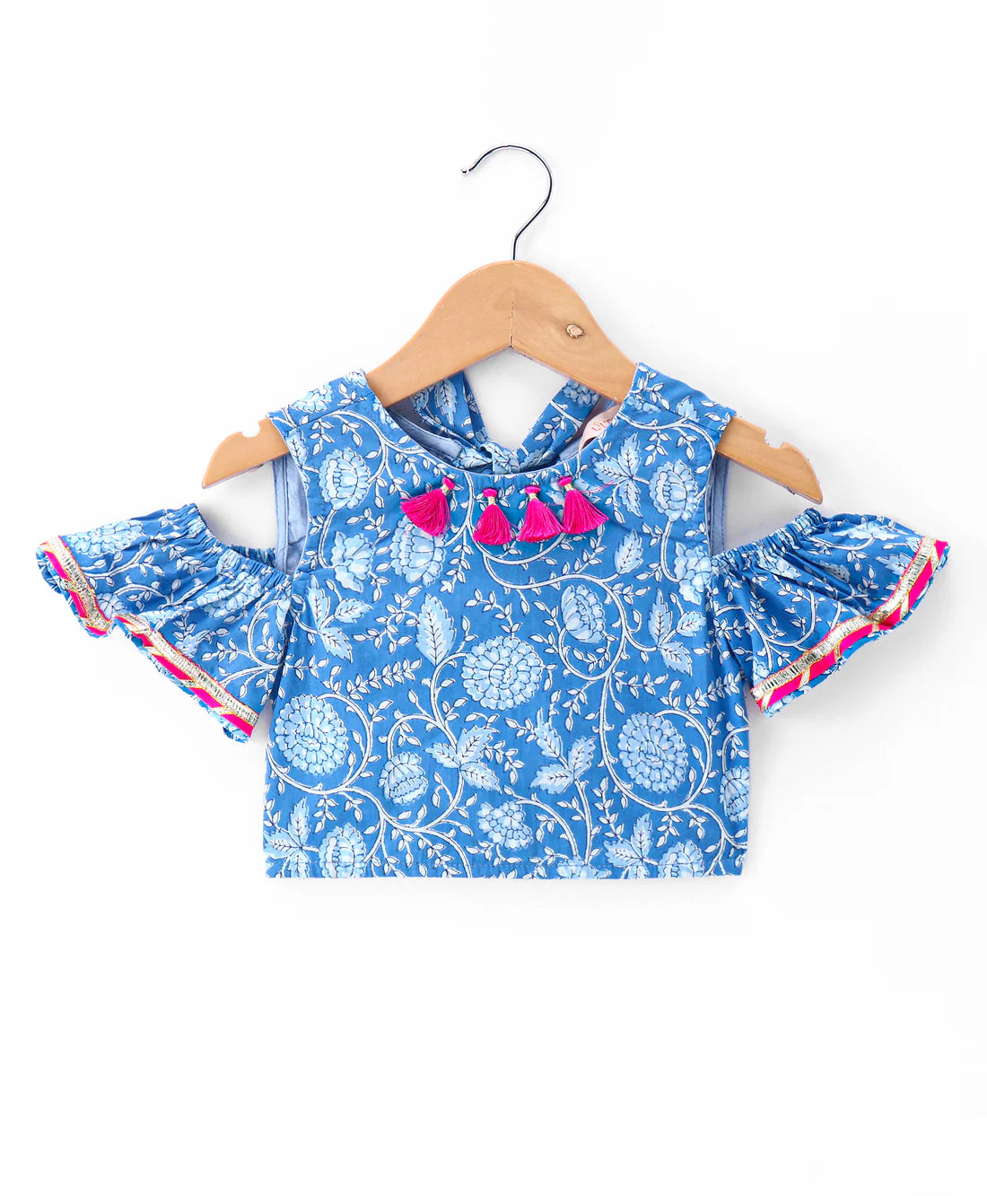 Girl - Blue Printed Cotton Lehanga Choli & Dupatta