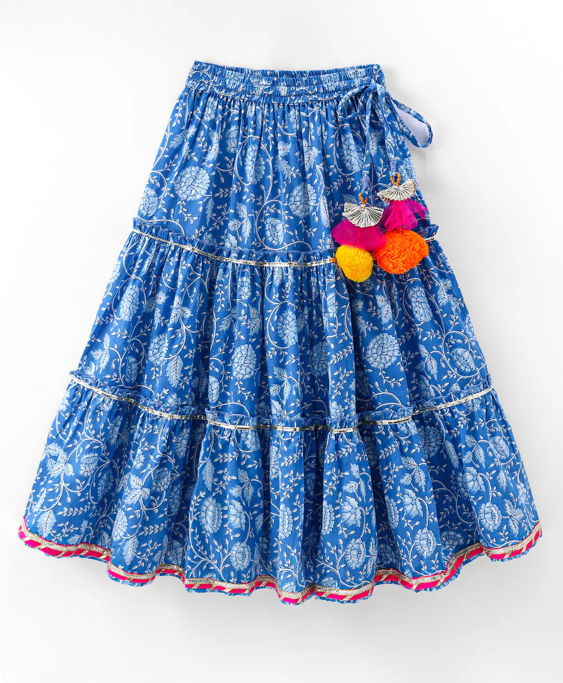 Girl - Blue Printed Cotton Lehanga Choli & Dupatta