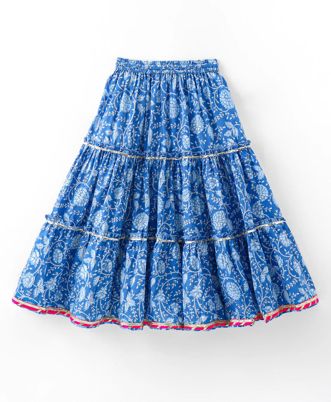 Girl - Blue Printed Cotton Lehanga Choli & Dupatta