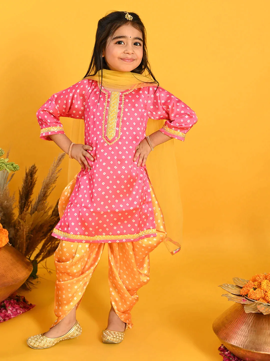 Girl - Pink & Mustard Silk Bandhani Kurta Dhoti With Dupatta