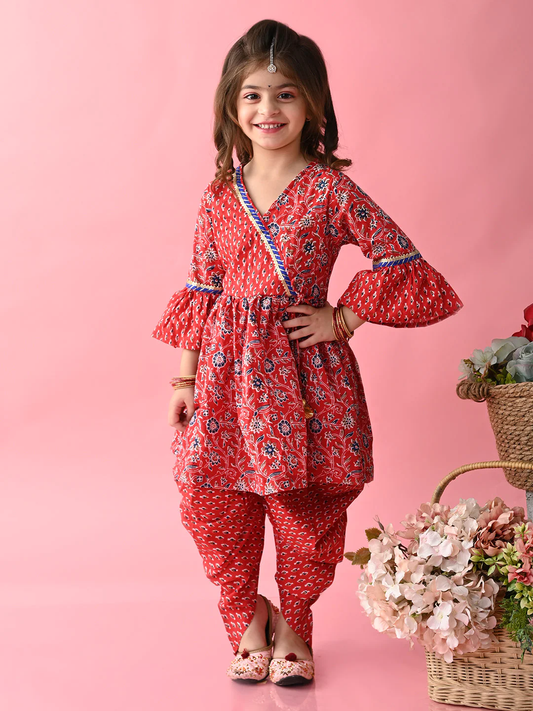 Girl - Red Bandhni Printed Kurta & Dhoti