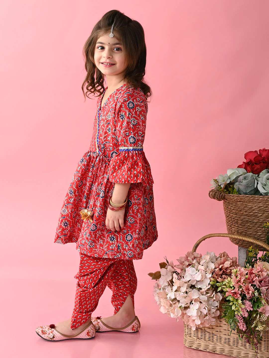 Girl - Red Bandhni Printed Kurta & Dhoti
