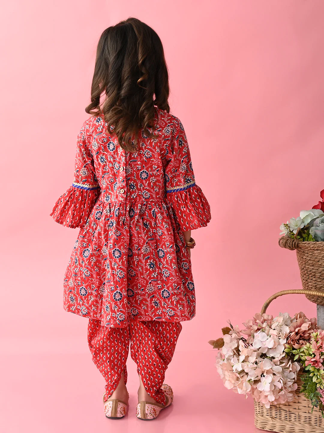 Girl - Red Bandhni Printed Kurta & Dhoti
