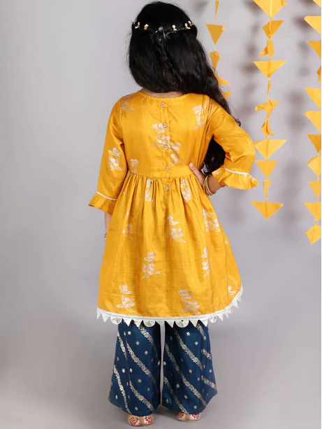 Girl - Blue & Yellow Kurta Plazzos Set
