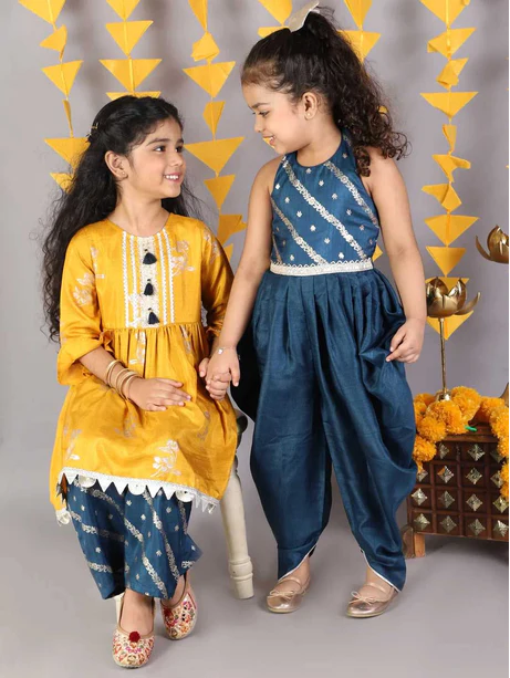 Girl - Blue & Yellow Kurta Plazzos Set