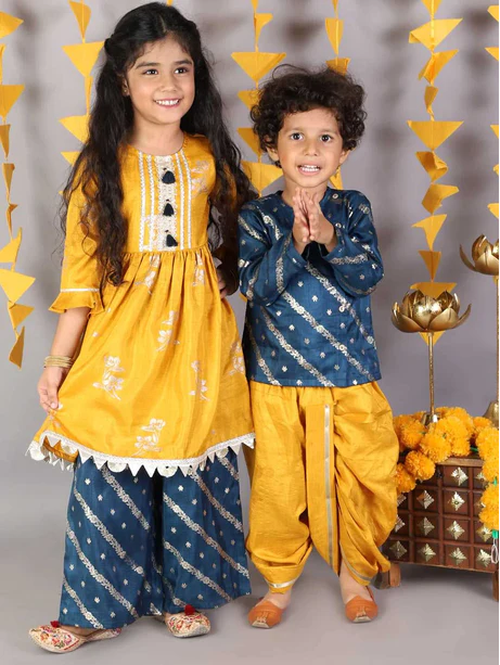 Girl - Blue & Yellow Kurta Plazzos Set
