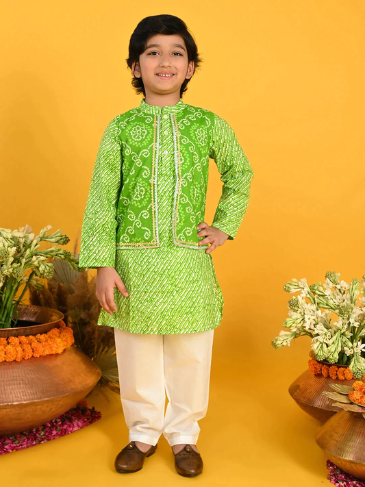 Boy - Green Bandhani Kurta (with attached Jacket) Set