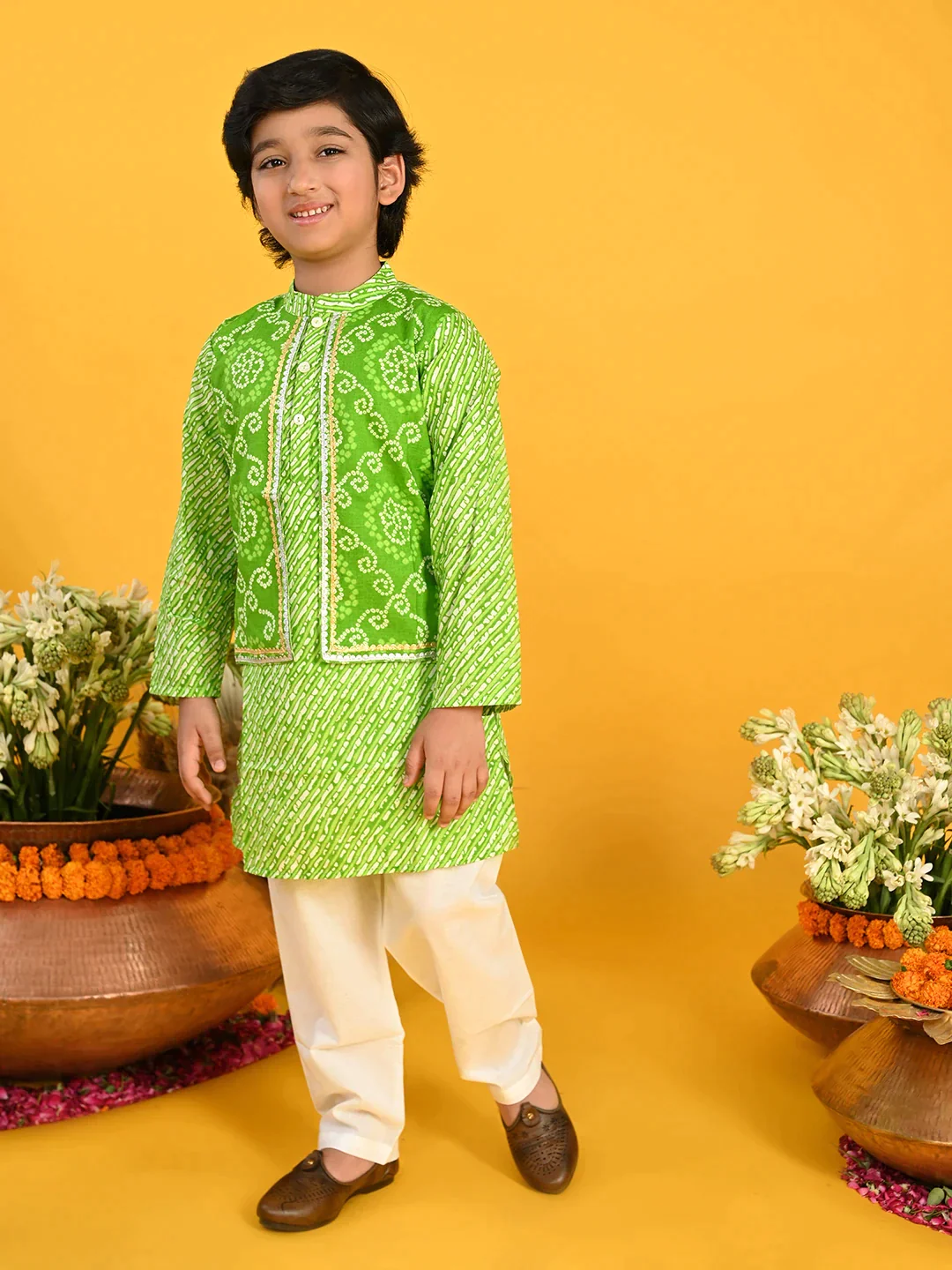 Boy - Green Bandhani Kurta (with attached Jacket) Set