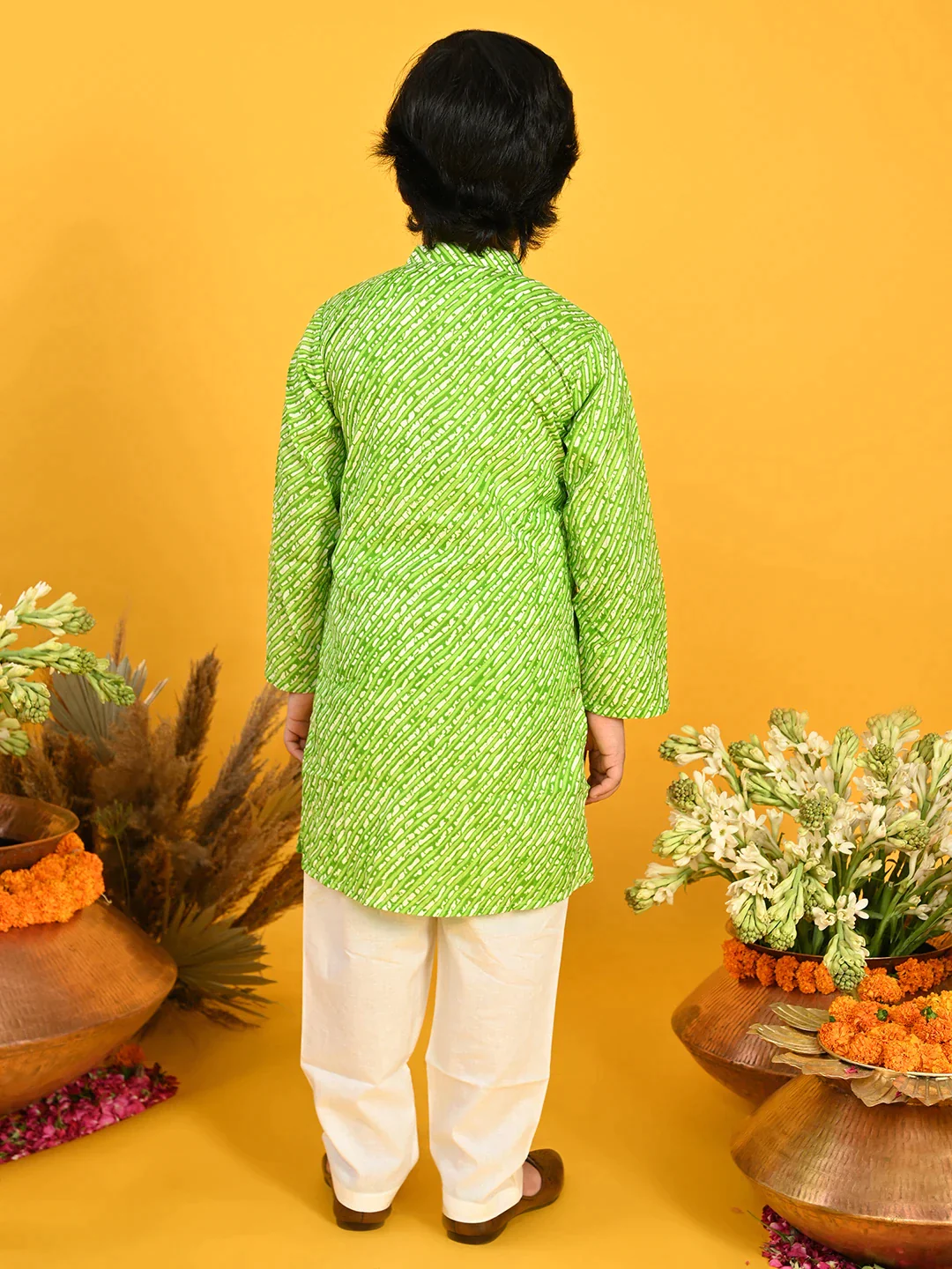 Boy - Green Bandhani Kurta (with attached Jacket) Set
