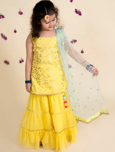 Girl - Yellow Sharara Set with Sea Green Dupatta