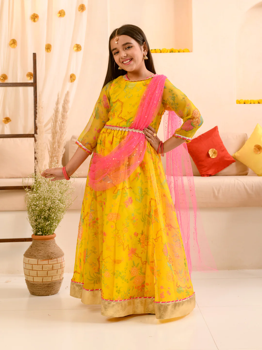 Girl - Yellow Ethnic Gown with Belt & Pink Dupatta