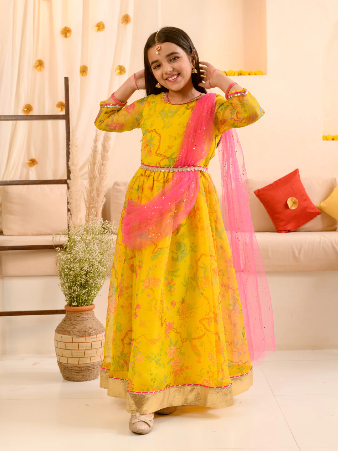 Girl - Yellow Ethnic Gown with Belt & Pink Dupatta