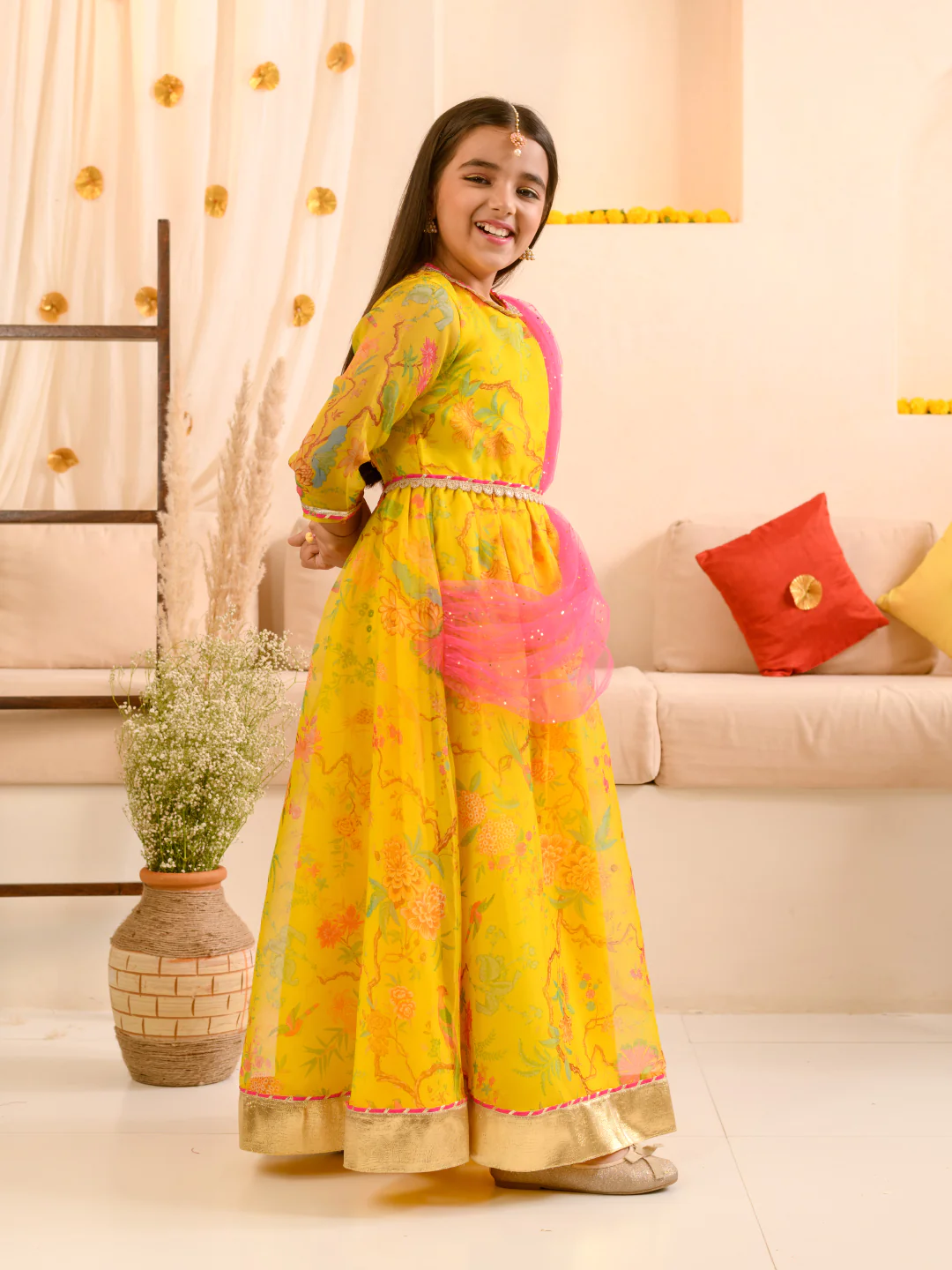 Girl - Yellow Ethnic Gown with Belt & Pink Dupatta