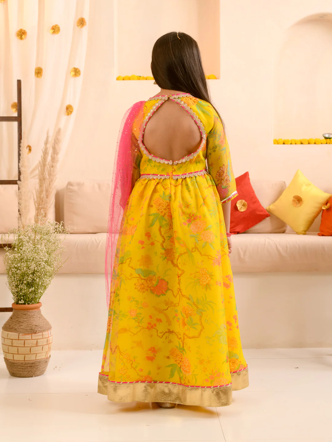 Girl - Yellow Ethnic Gown with Belt & Pink Dupatta