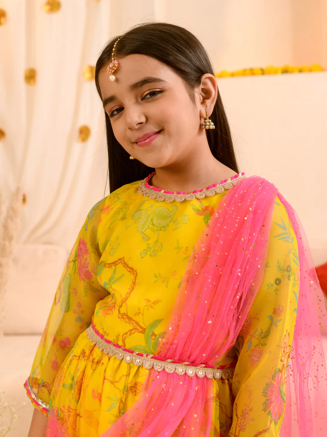Girl - Yellow Ethnic Gown with Belt & Pink Dupatta