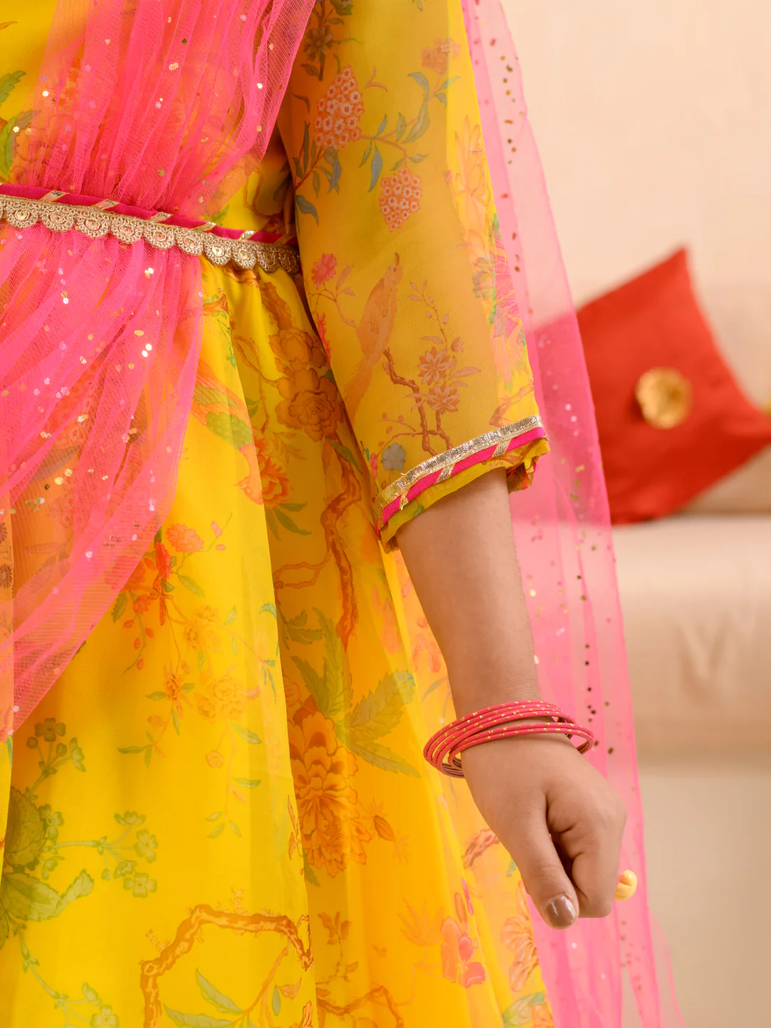 Girl - Yellow Ethnic Gown with Belt & Pink Dupatta