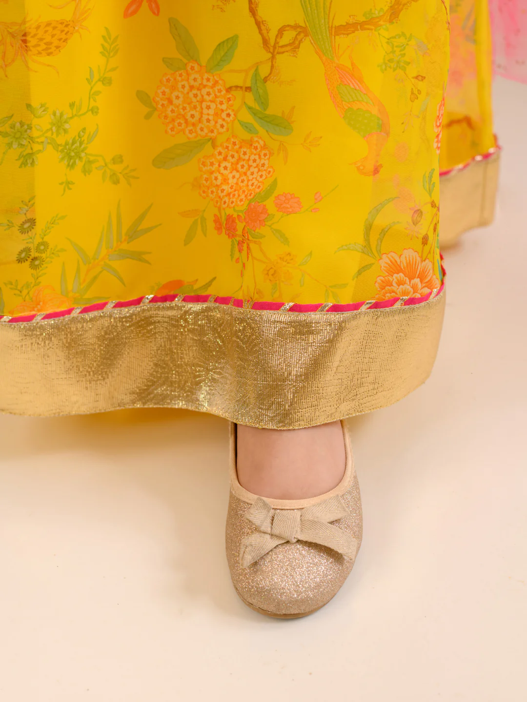 Girl - Yellow Ethnic Gown with Belt & Pink Dupatta