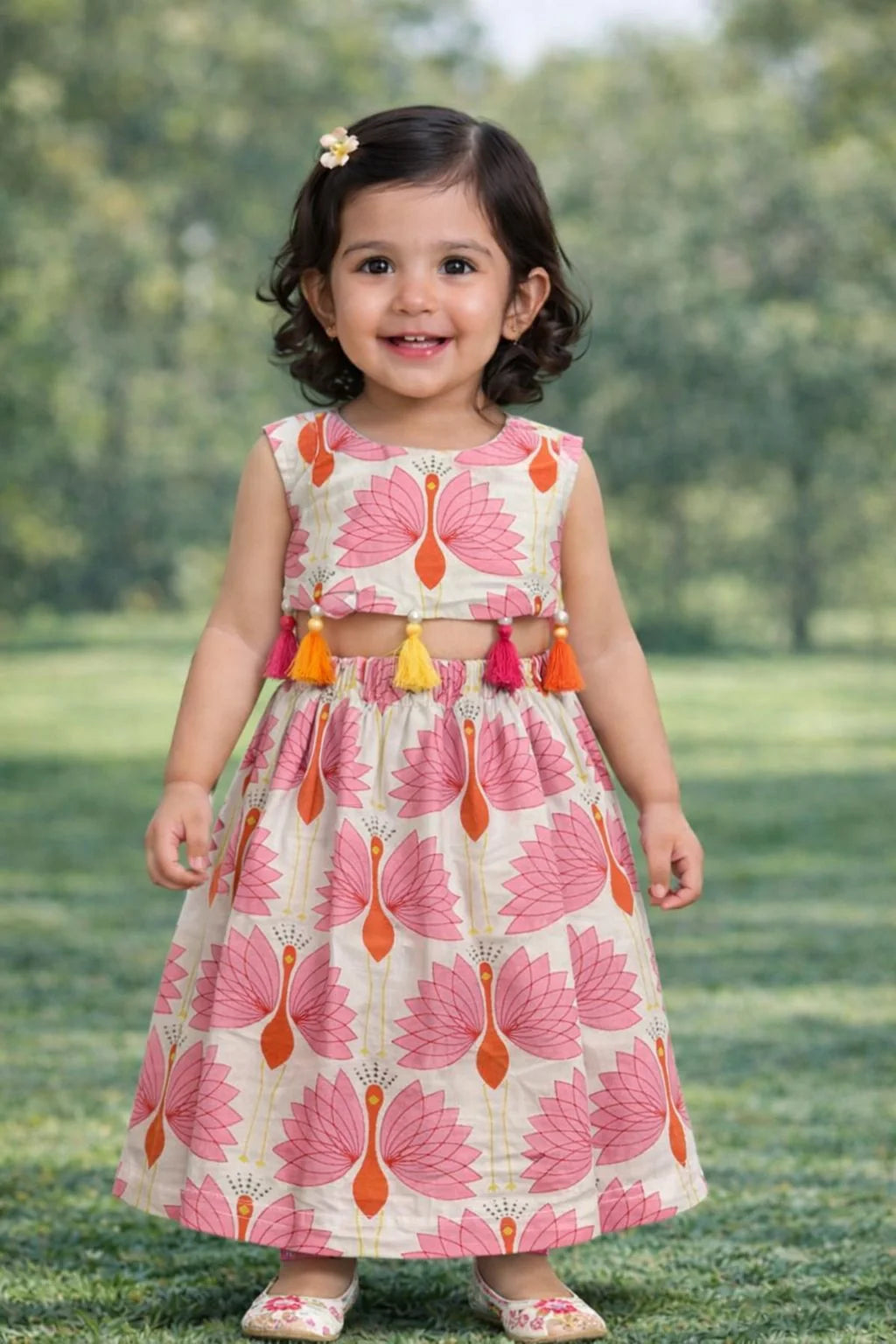 Girls - Off-White Peacock Print Cotton Lehenga Choli with Dupatta