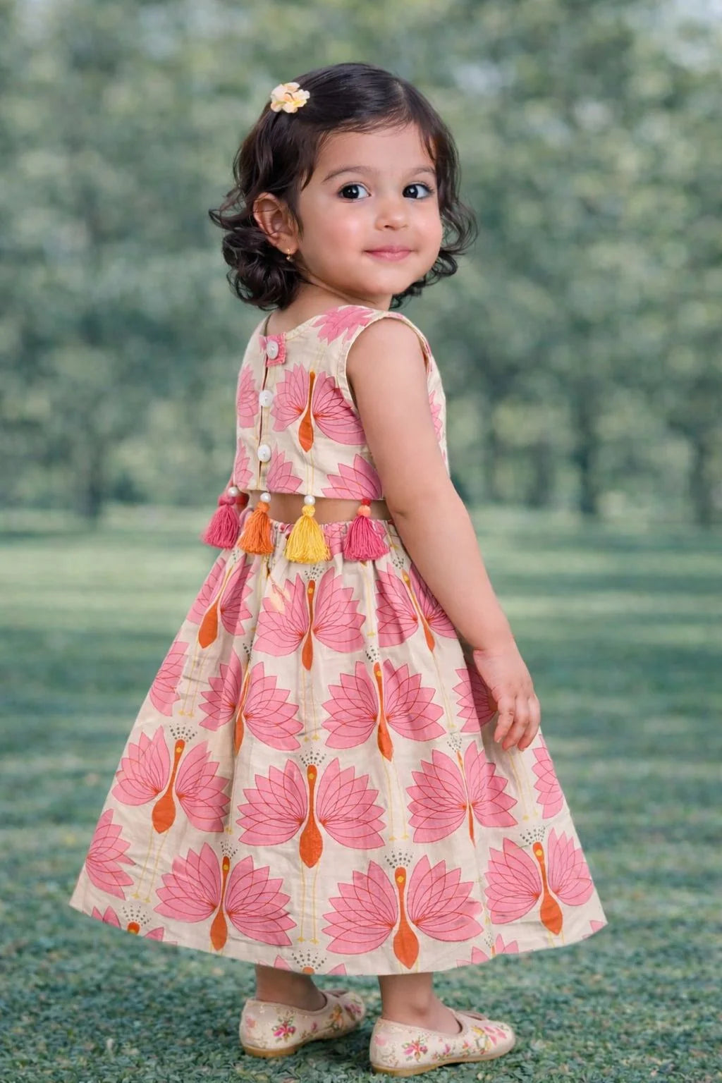 Girls - Off-White Peacock Print Cotton Lehenga Choli with Dupatta