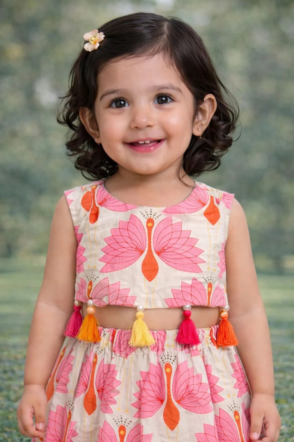 Girls - Off-White Peacock Print Cotton Lehenga Choli with Dupatta