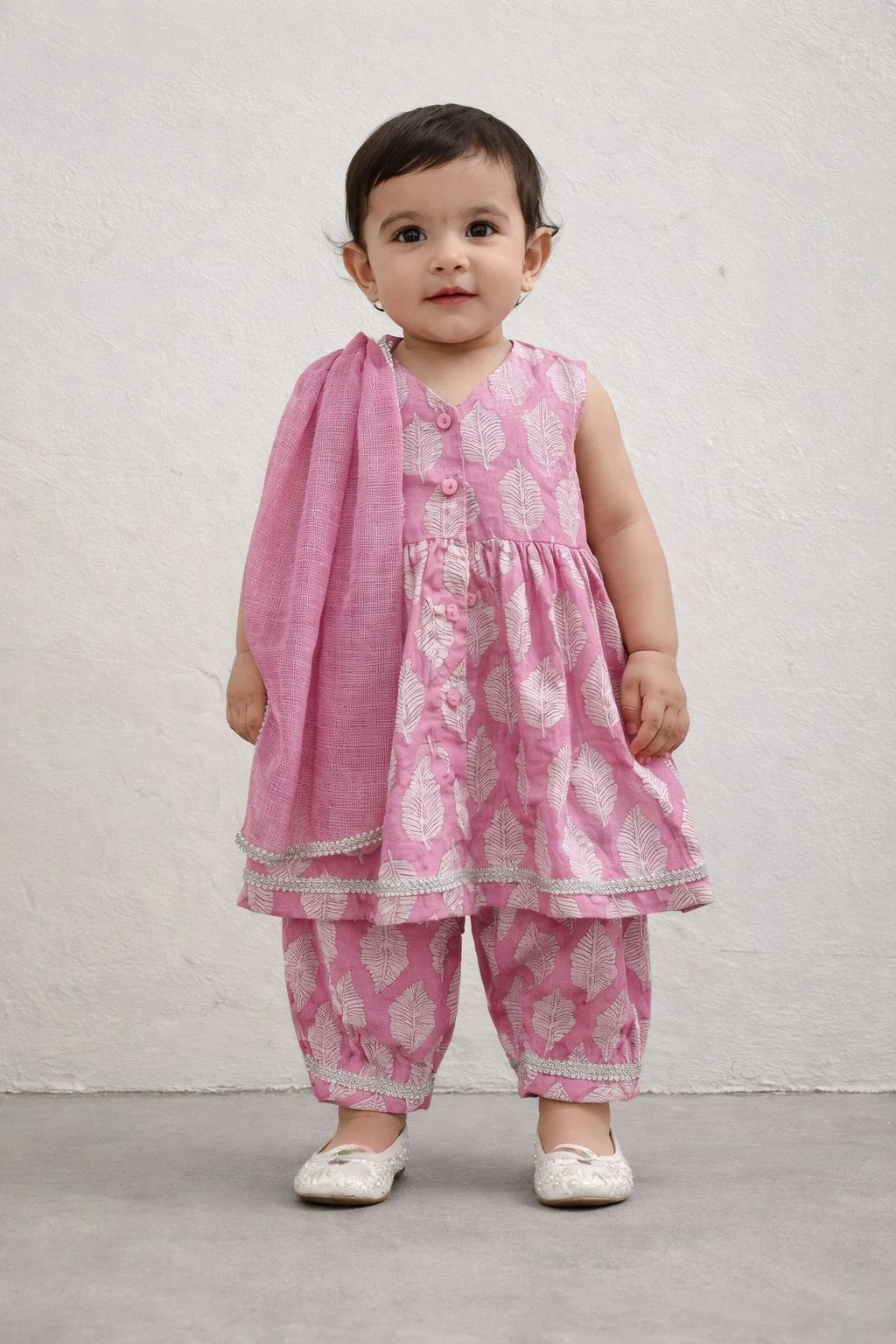 Girls - Pink Ethnic Cotton Kurta & Pant With Dupatta
