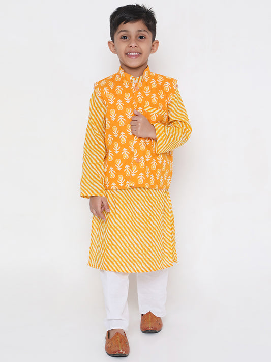 Boy - Yellow Cotton Kurta Pyjama Jacket Set
