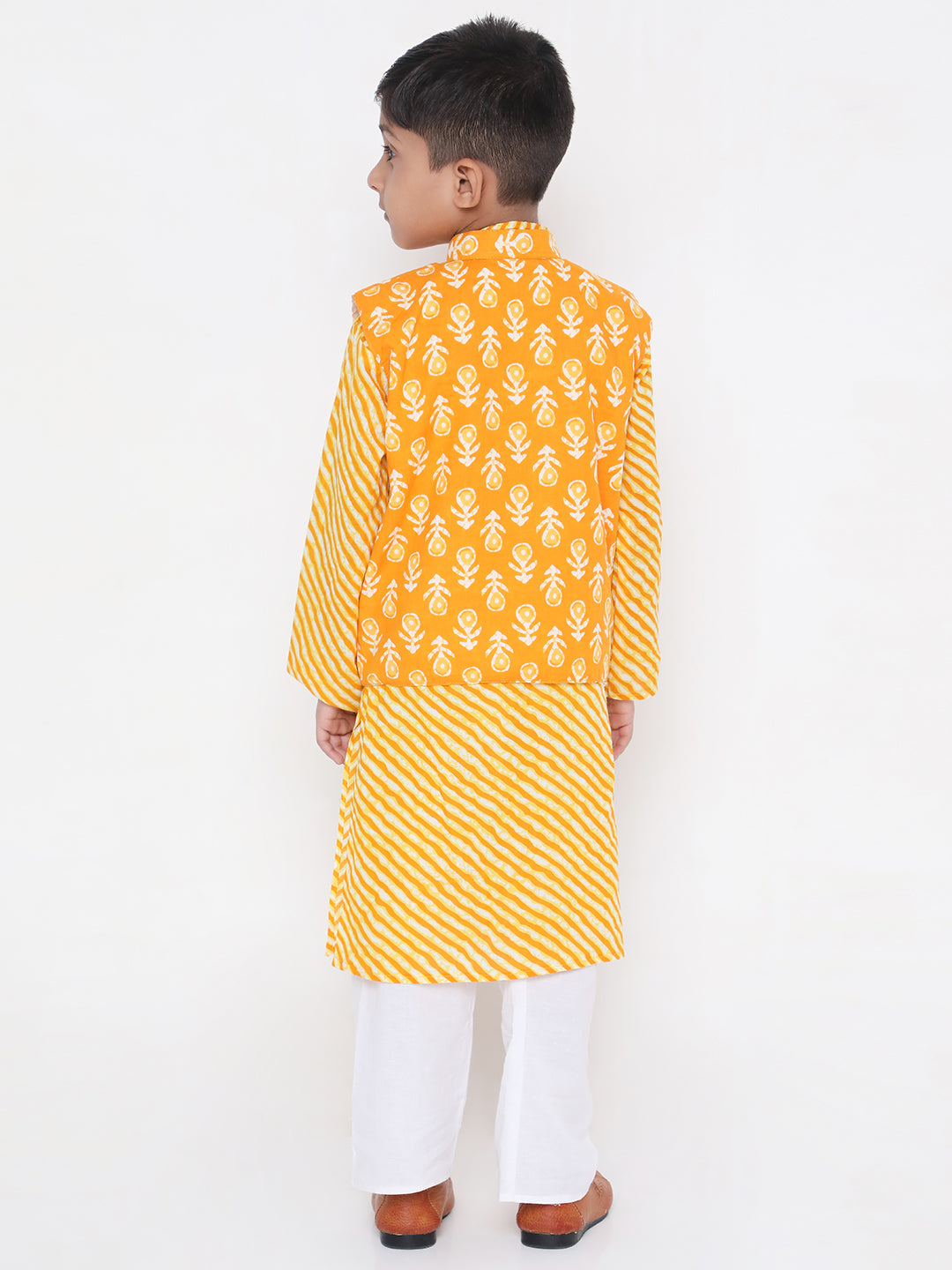 Boy - Yellow Cotton Kurta Pyjama Jacket Set