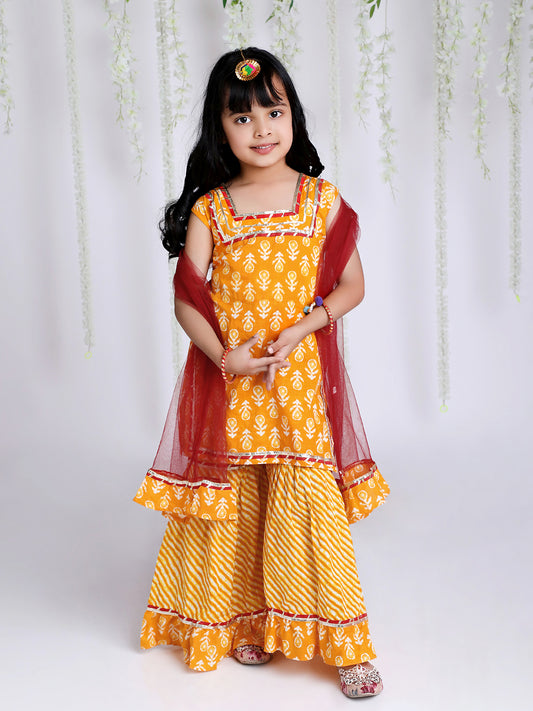 Girl - Yellow Cotton Sharara Set with Dupatta
