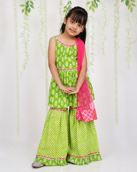 Girl - Green Cotton Sharara Set with Dupatta