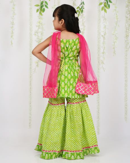 Girl - Green Cotton Sharara Set with Dupatta