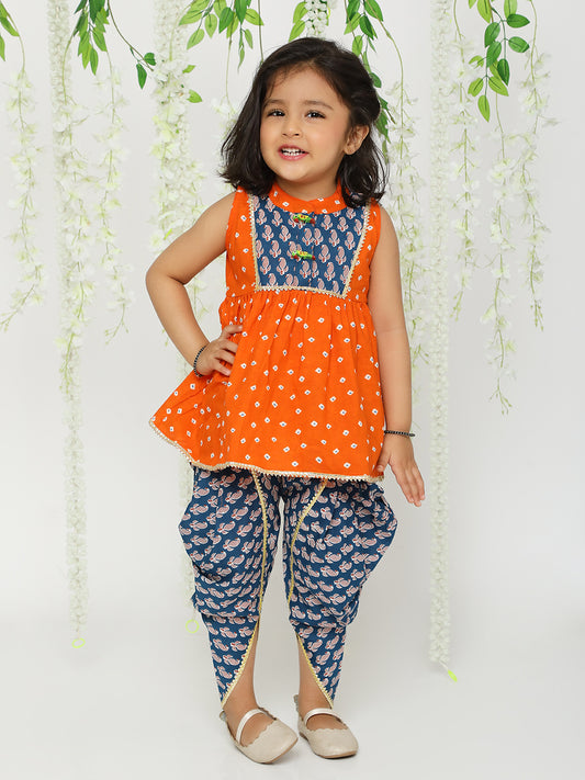 Girl - Orange & Navy Blue Kurta Dhoti Set