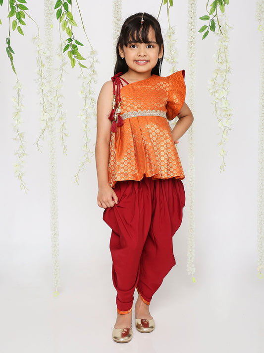 Girl - Orange Raw Silk Kurta with Red Dhoti Set