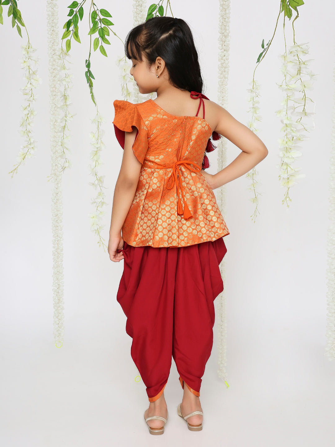 Girl - Orange Raw Silk Kurta with Red Dhoti Set