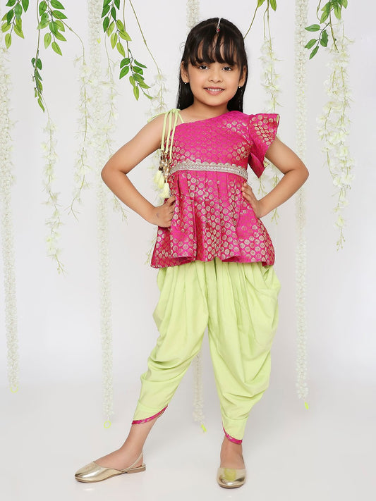 Girl - Pink Raw Silk Kurta & Green Dhoti Set