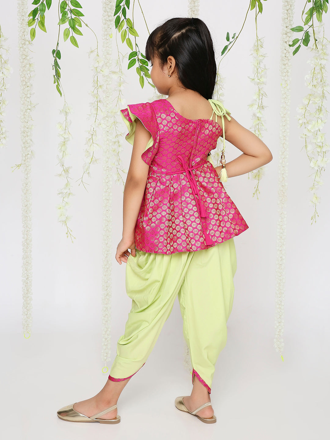 Girl - Pink Raw Silk Kurta & Green Dhoti Set