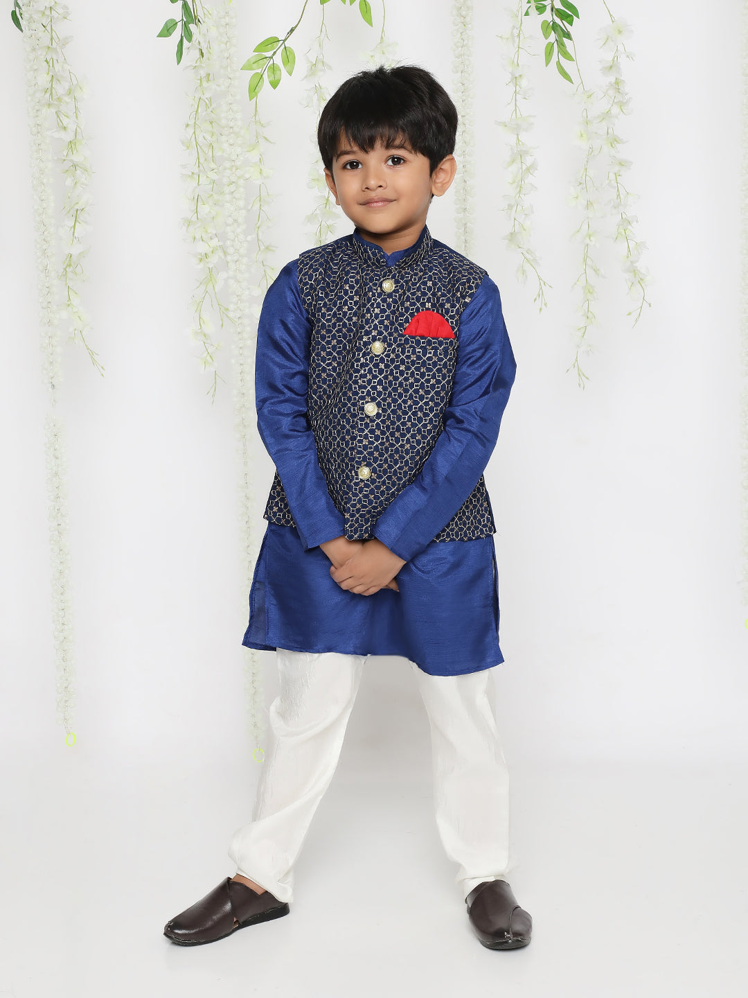 Boy - Blue Kurta with Jaal Design Jacket & Pyjama