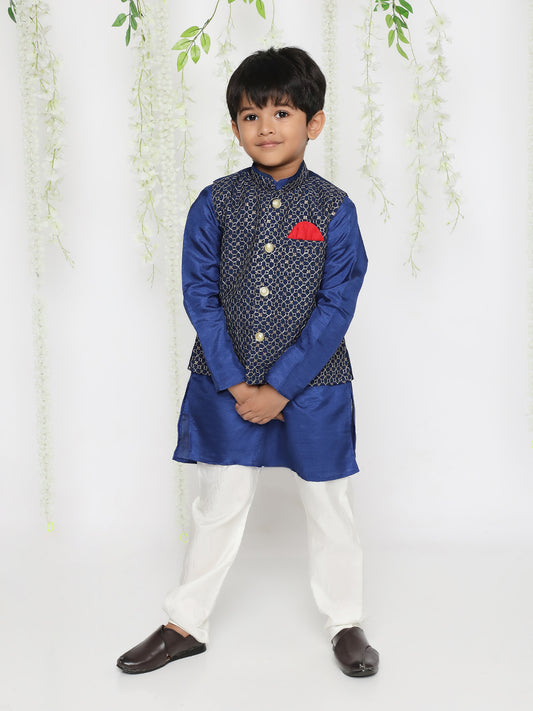 Boy - Blue Kurta with Jaal Design Jacket & Pyjama