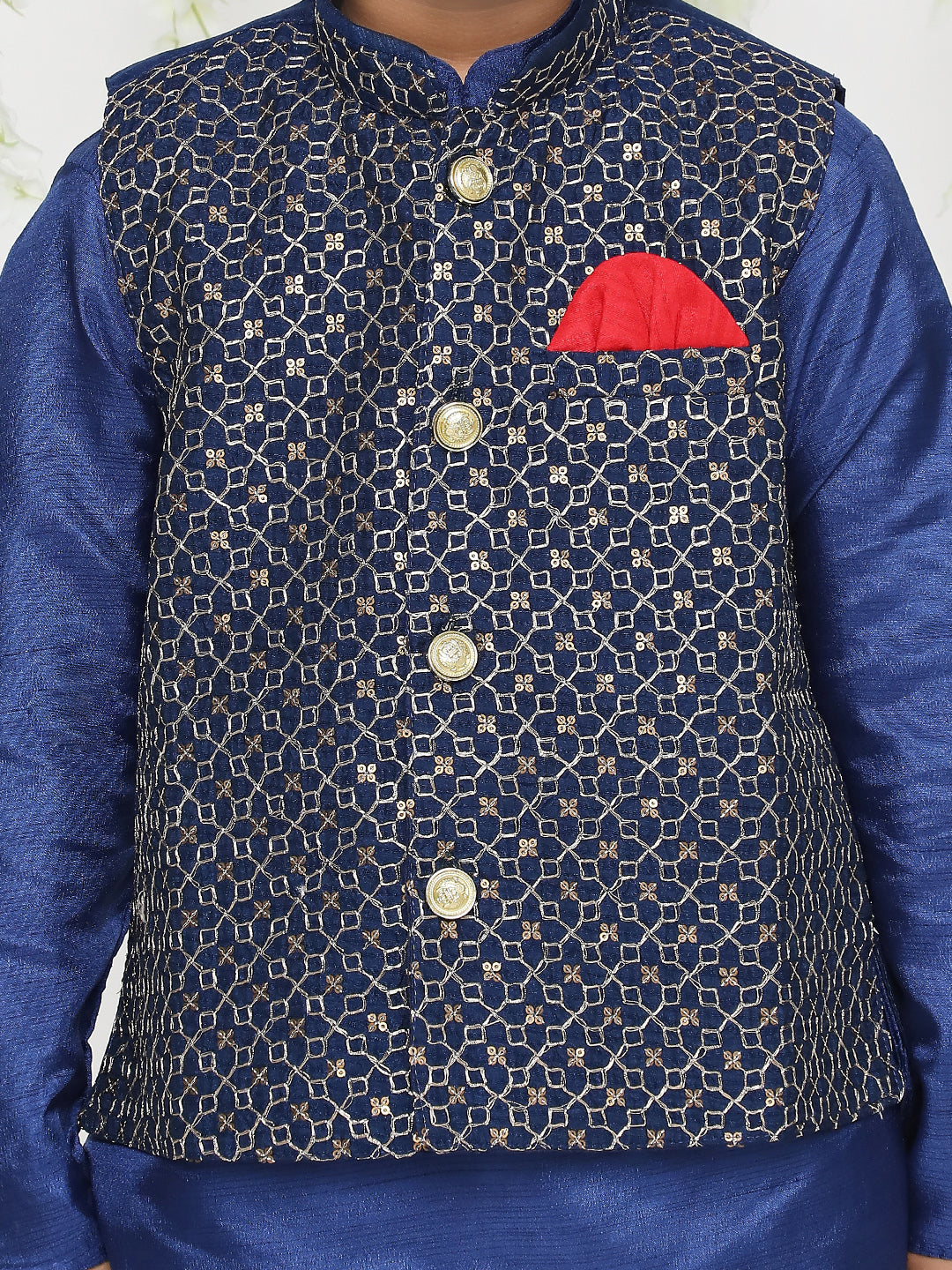 Boy - Blue Kurta with Jaal Design Jacket & Pyjama